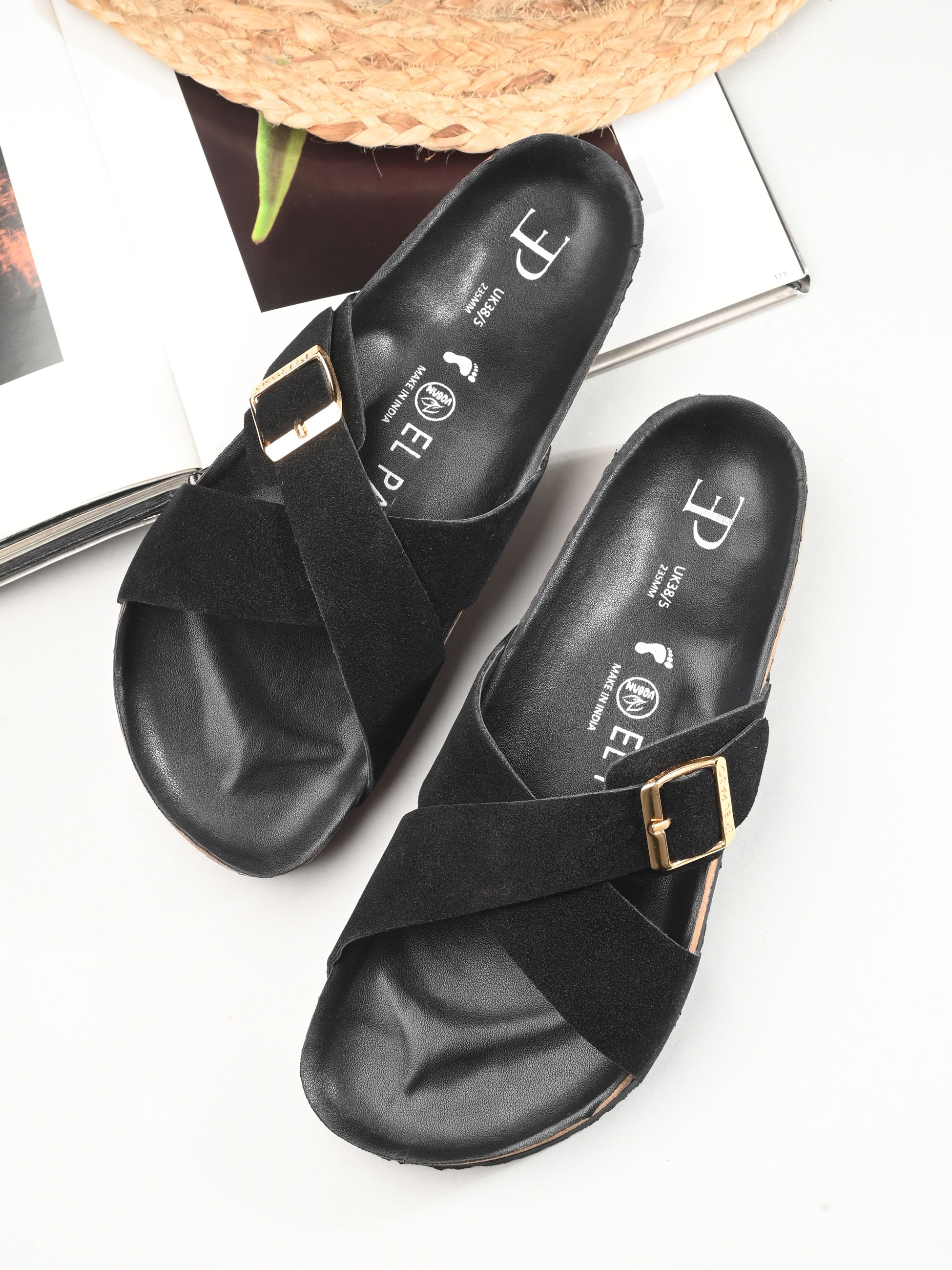 Black Women's casual flat heel criss cross slip-on sandal