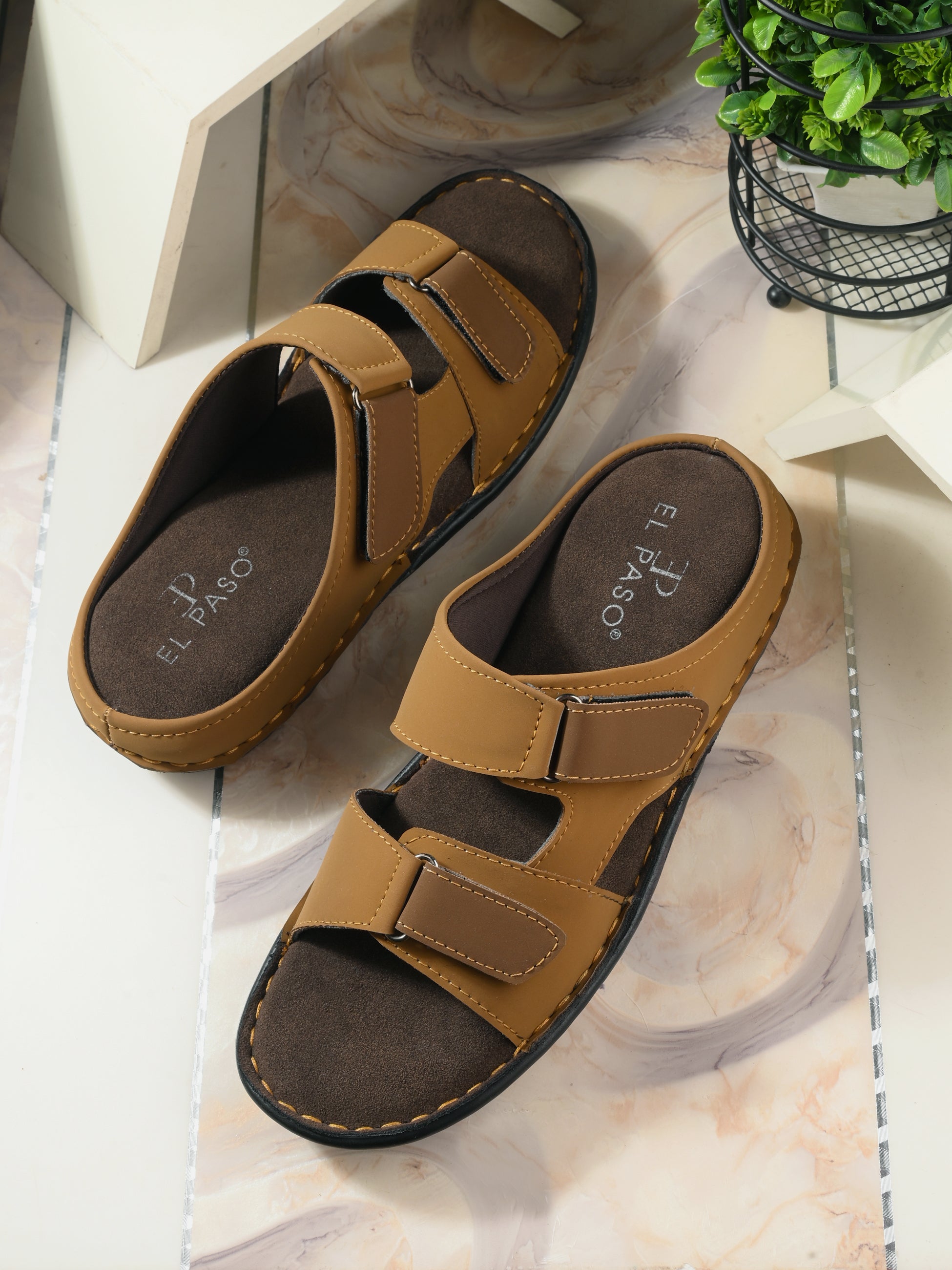 Tan Men's casual heel buckle strap slip-on sandal