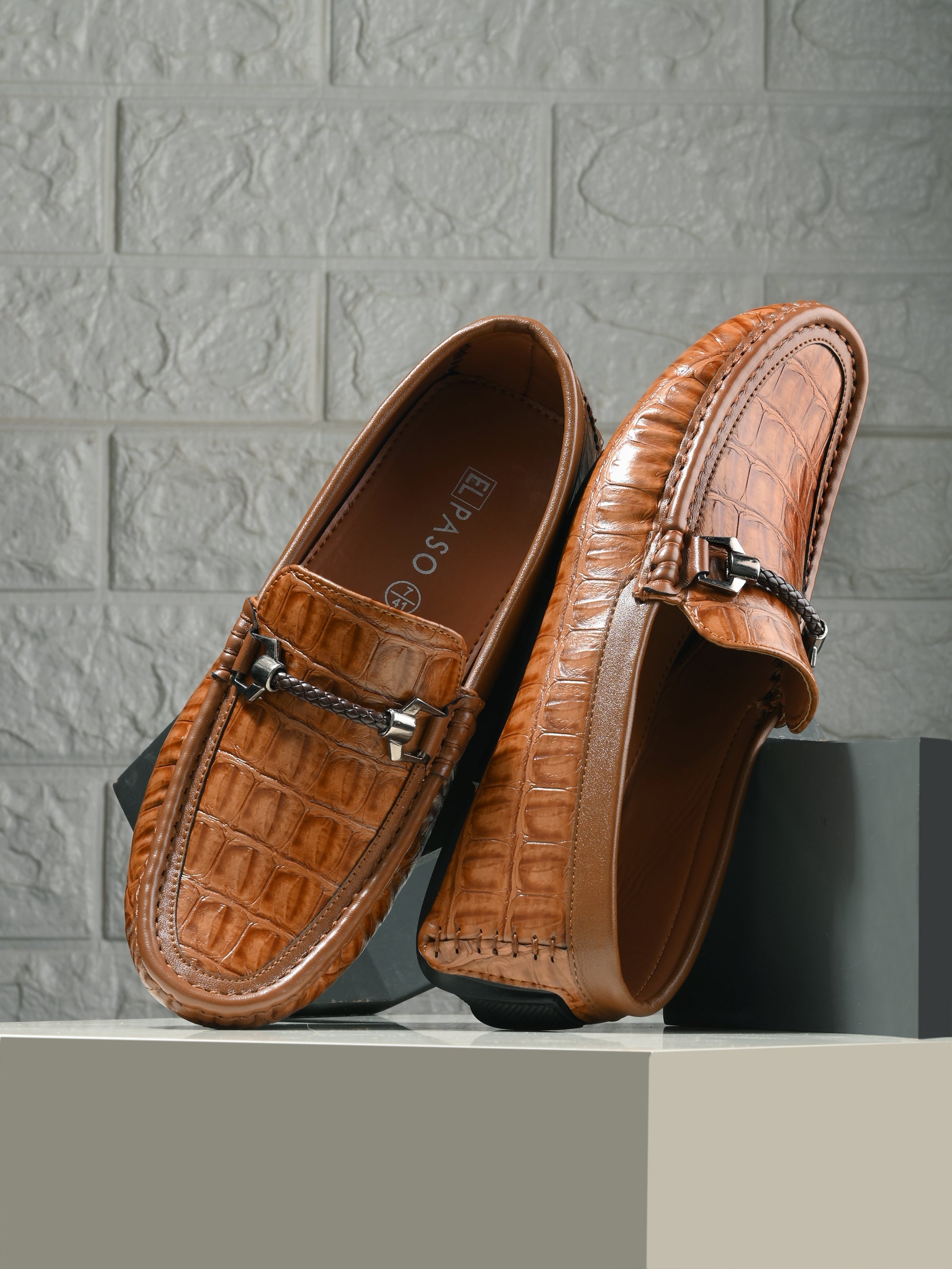 Brown Textured Platform Heel Slip-On Trendy Loafer Shoes