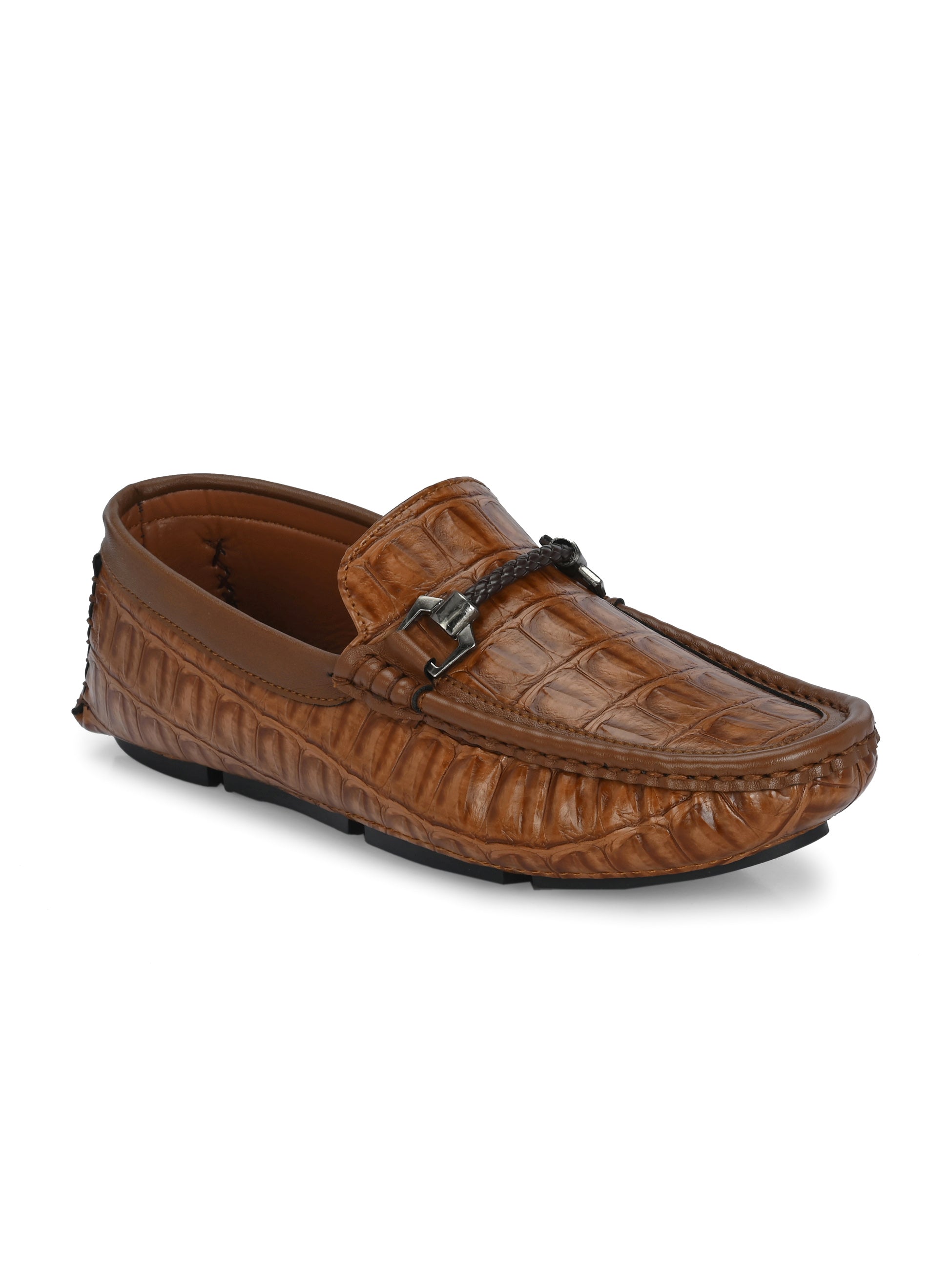 Brown Textured Platform Heel Slip-On Trendy Loafer Shoes
