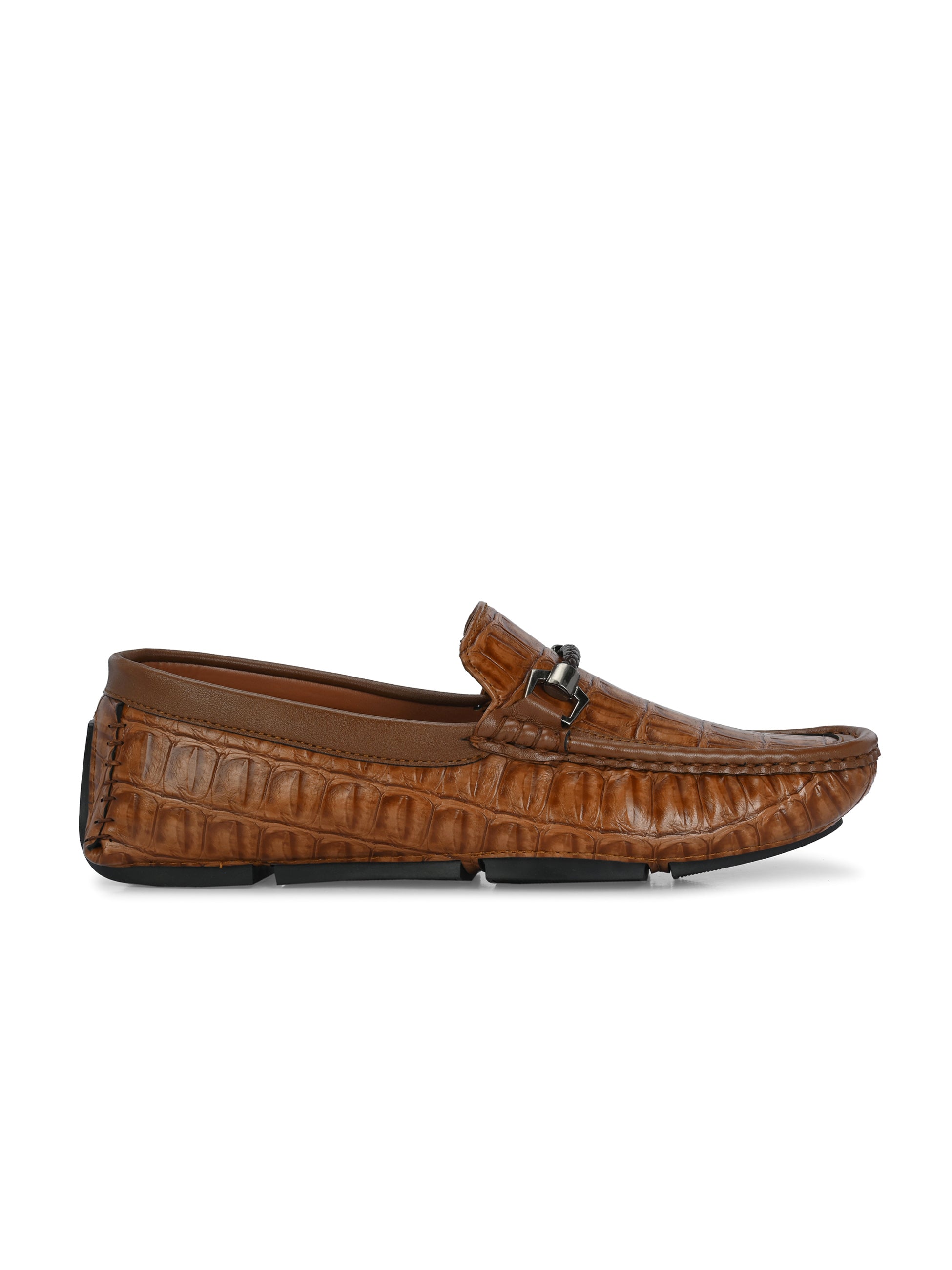 Brown Textured Platform Heel Slip-On Trendy Loafer Shoes
