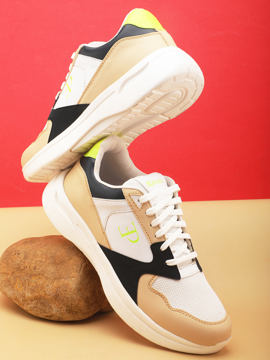 Peach, White & Black colour Men's lace-up casual shoes with white laces.