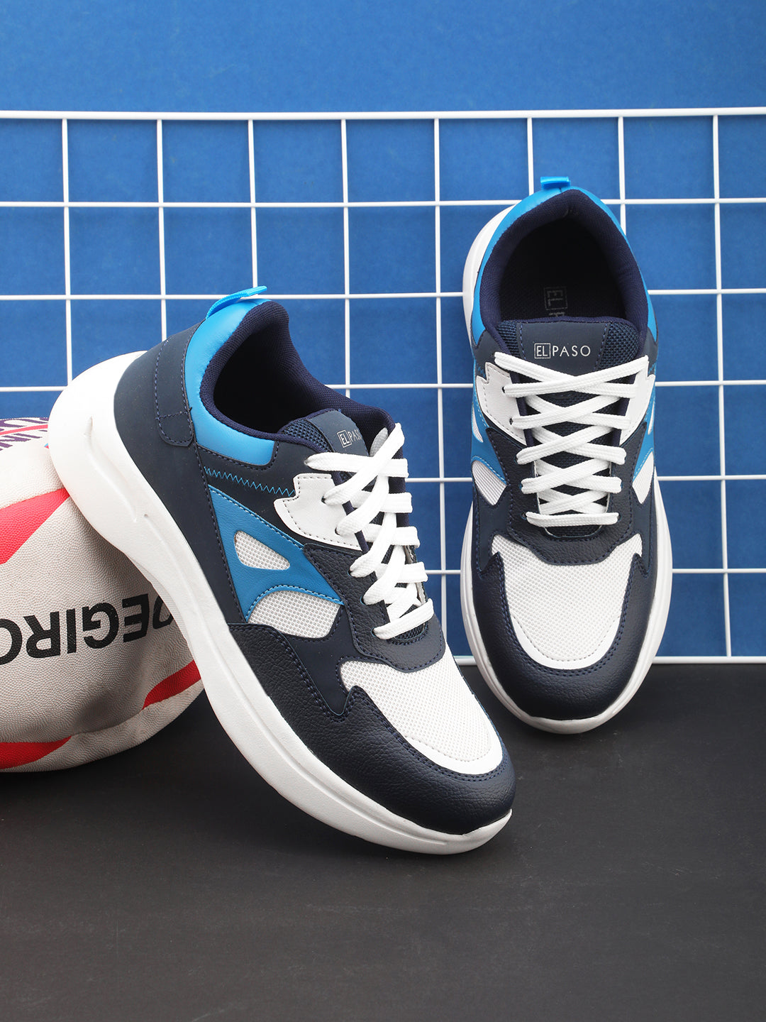White & Navy Blue colour Men's lace-up casual athletic shoes with white laces.