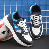 White & Navy Blue colour Men's lace-up casual athletic shoes with white laces.