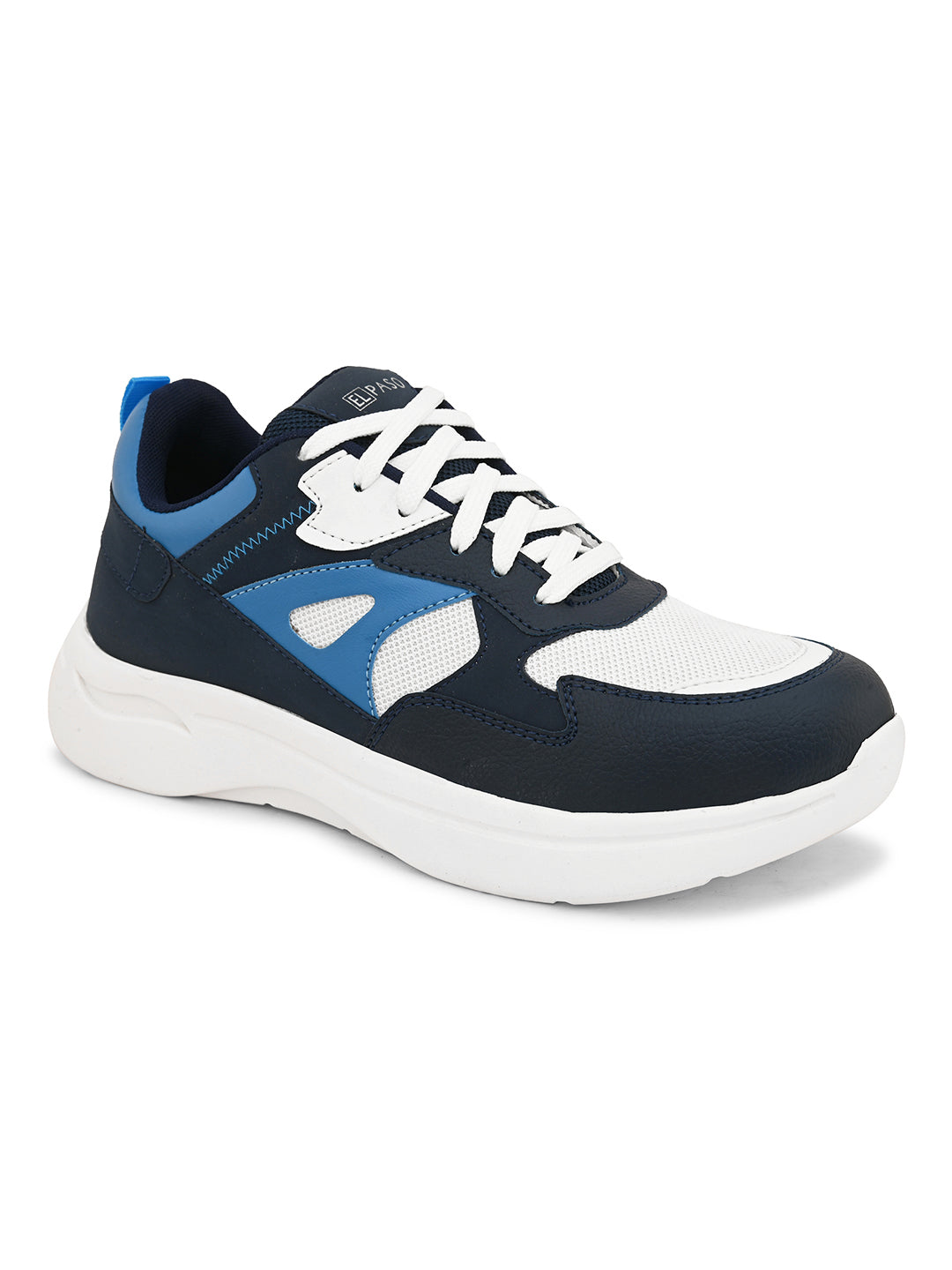 White & Navy Blue colour Men's lace-up casual athletic shoes with white laces.