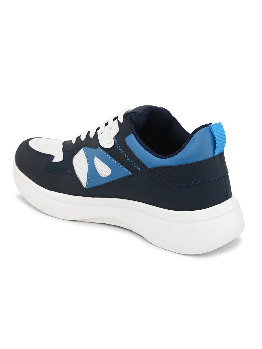 White & Navy Blue colour Men's lace-up casual athletic shoes with white laces.