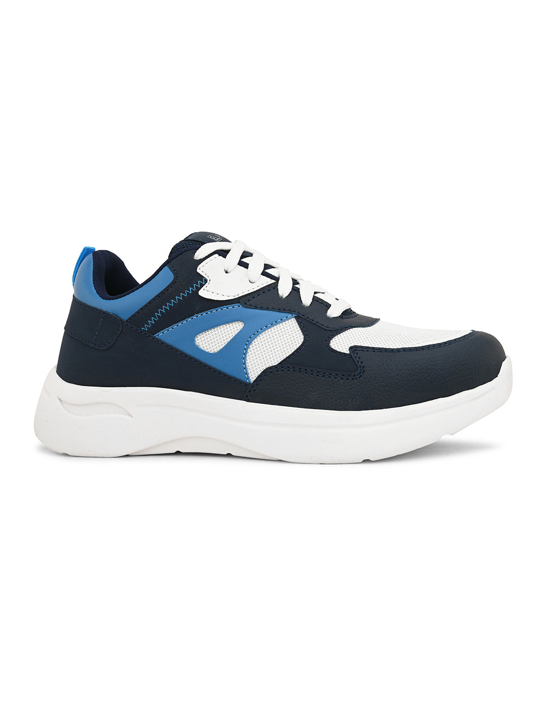 White & Navy Blue colour Men's lace-up casual athletic shoes with white laces.
