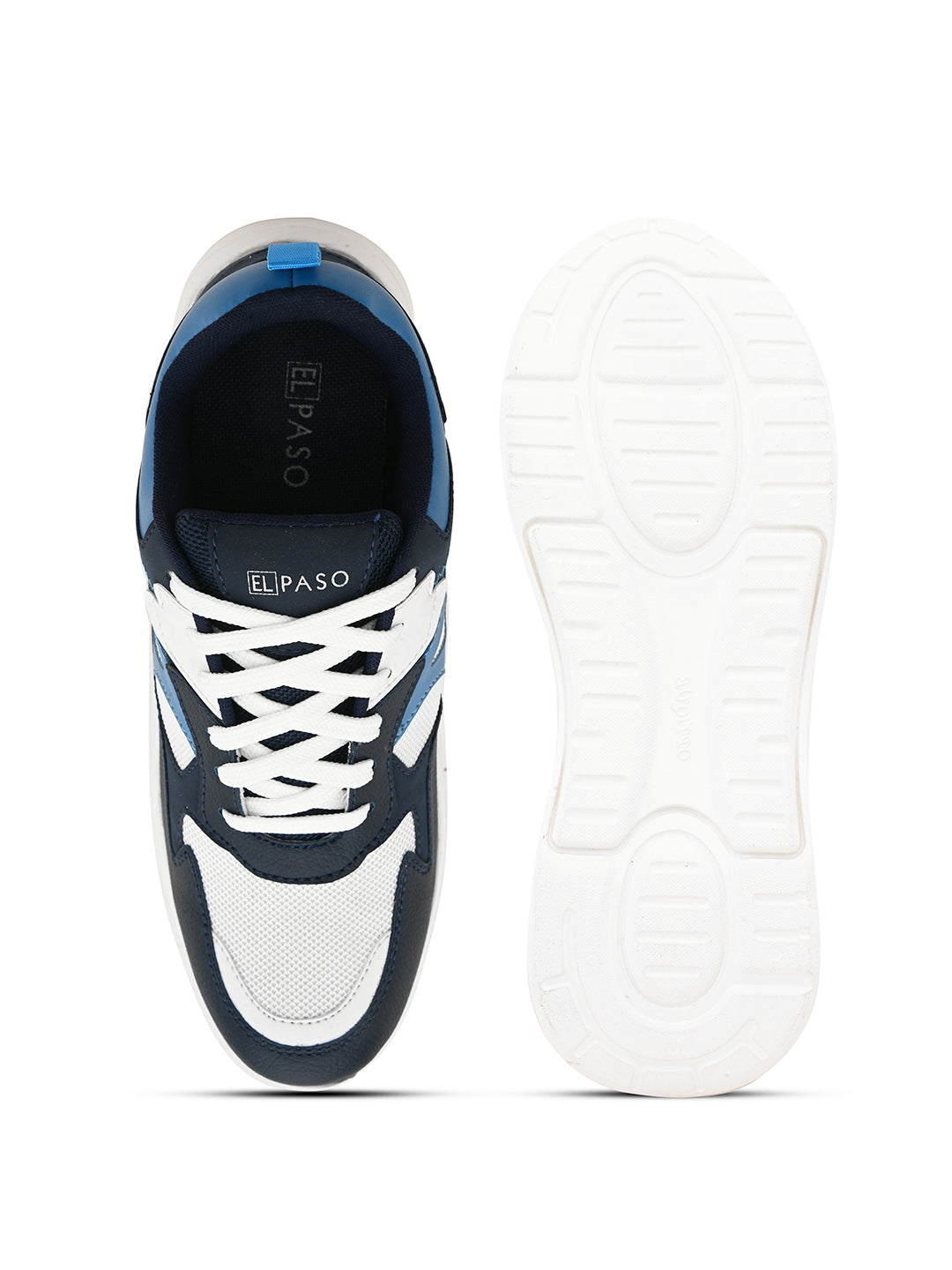 White & Navy Blue colour Men's lace-up casual athletic shoes with white laces.