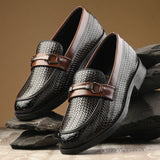 Brown Textured Block Heel Slip-On Loafer Shoes