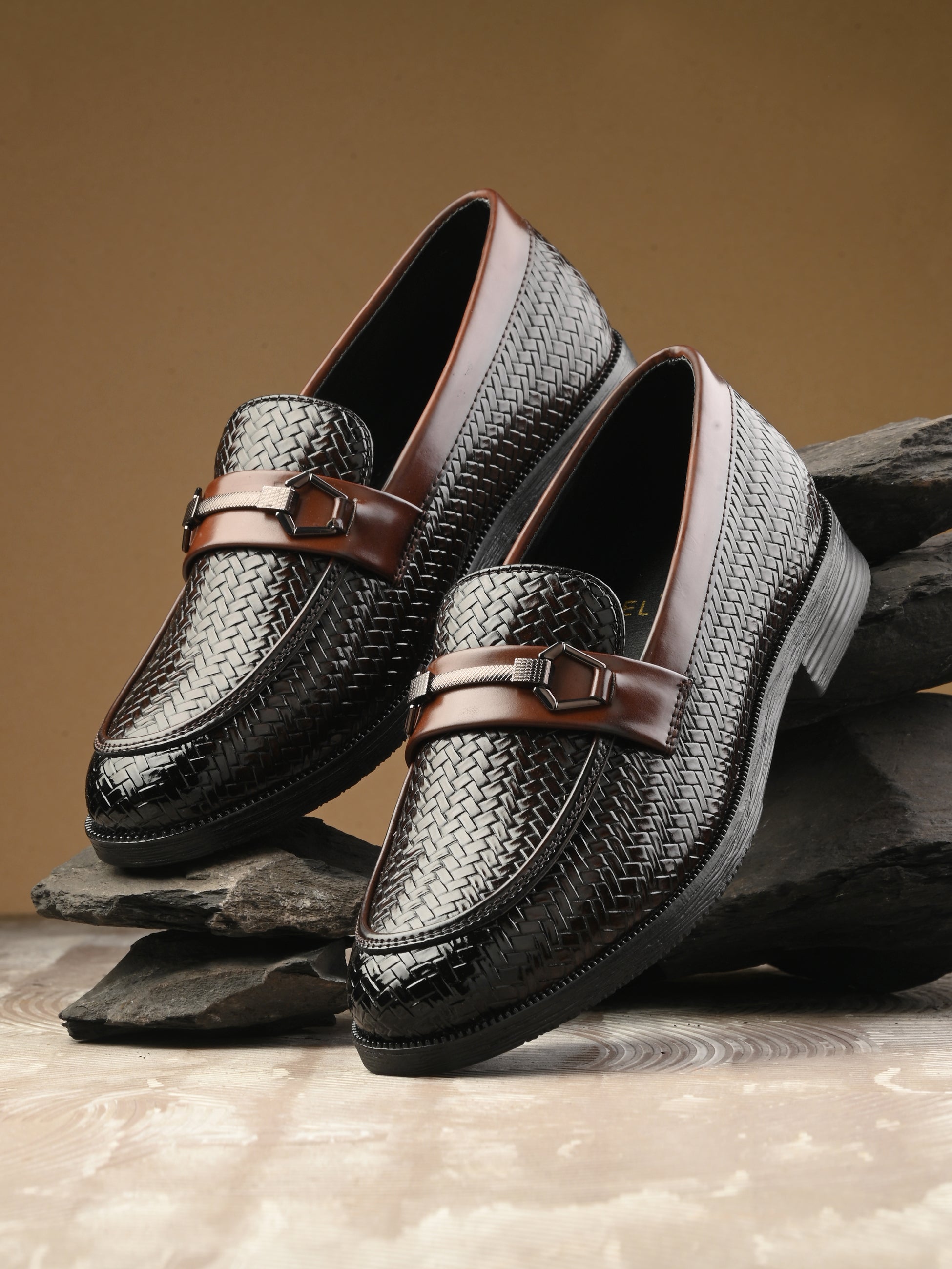 Brown Textured Block Heel Slip-On Loafer Shoes