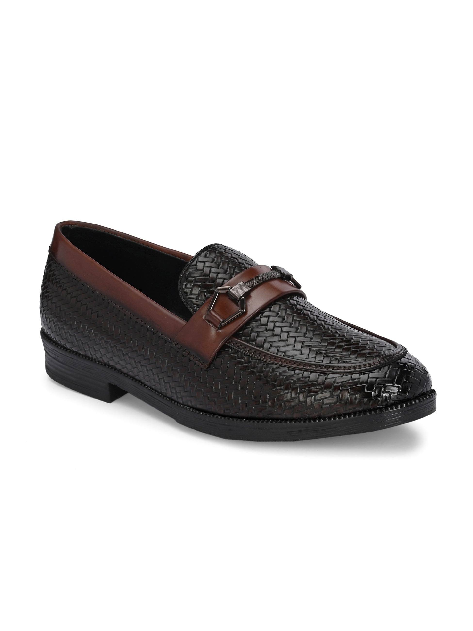 Brown Textured Block Heel Slip-On Loafer Shoes