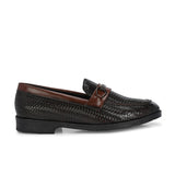 Brown Textured Block Heel Slip-On Loafer Shoes