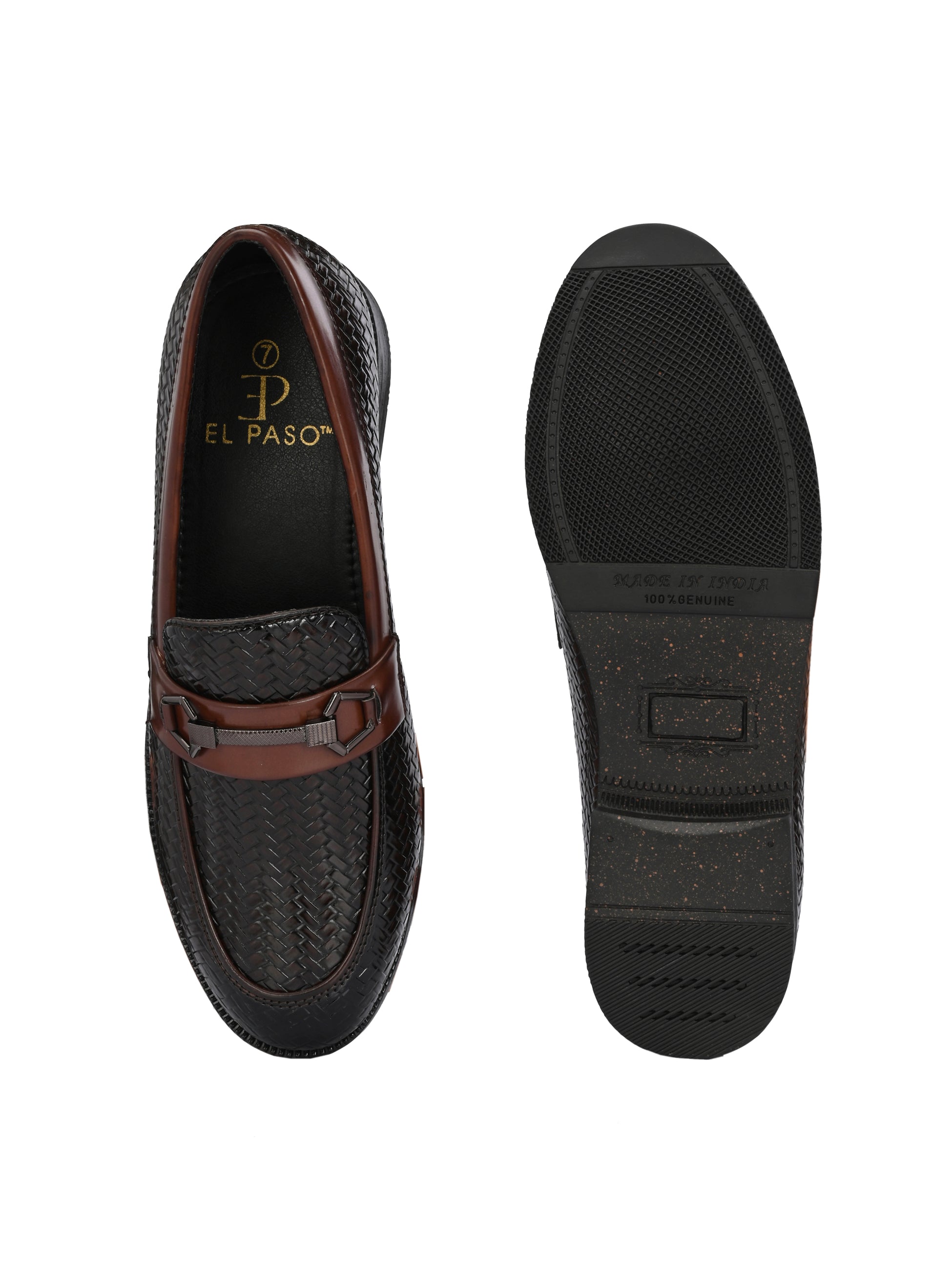 Brown Textured Block Heel Slip-On Loafer Shoes