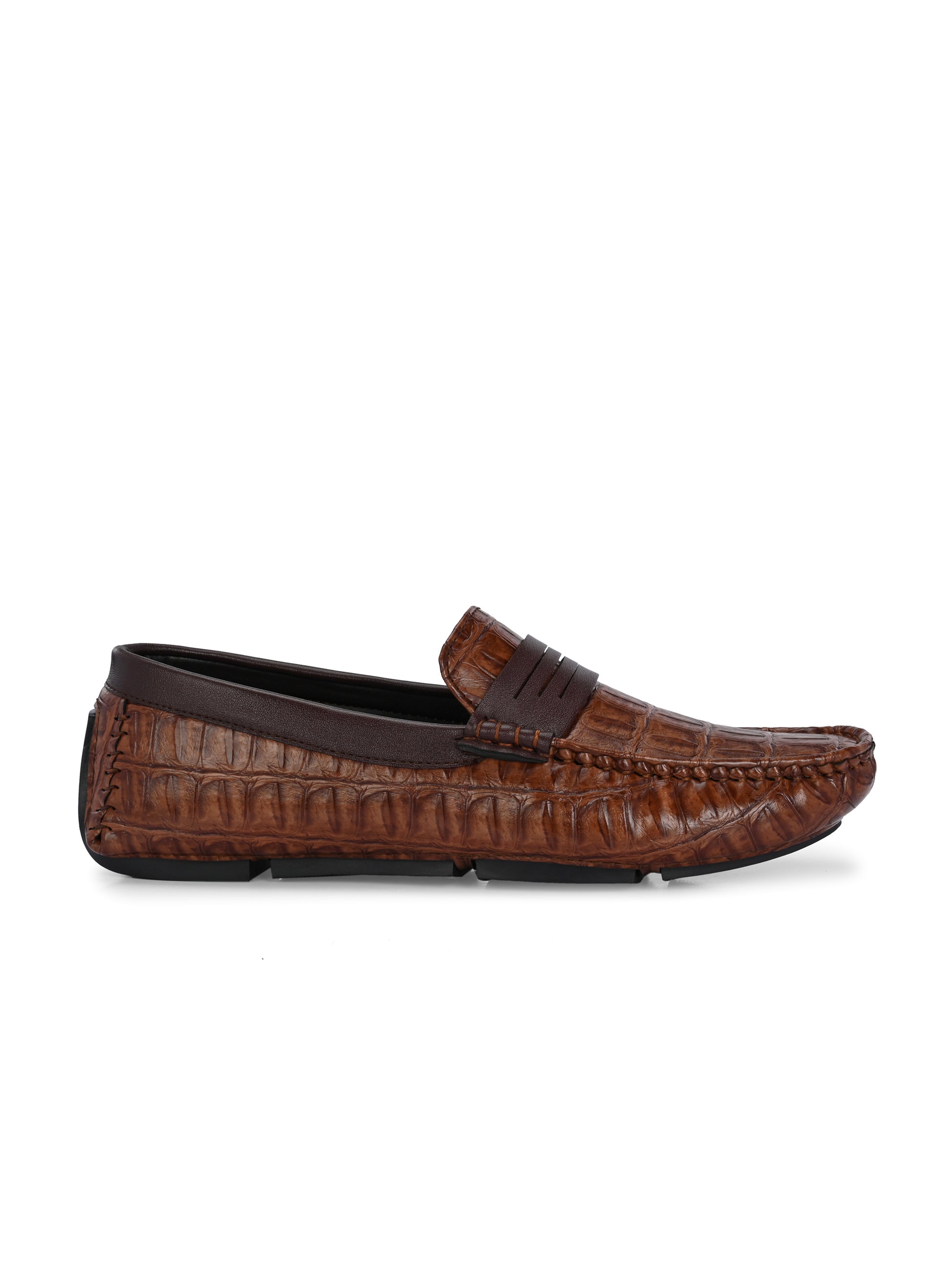 Brown Sleek Textured Platform Heel Slip-On Loafer Shoes Croc Luxe Moccasin for Men.