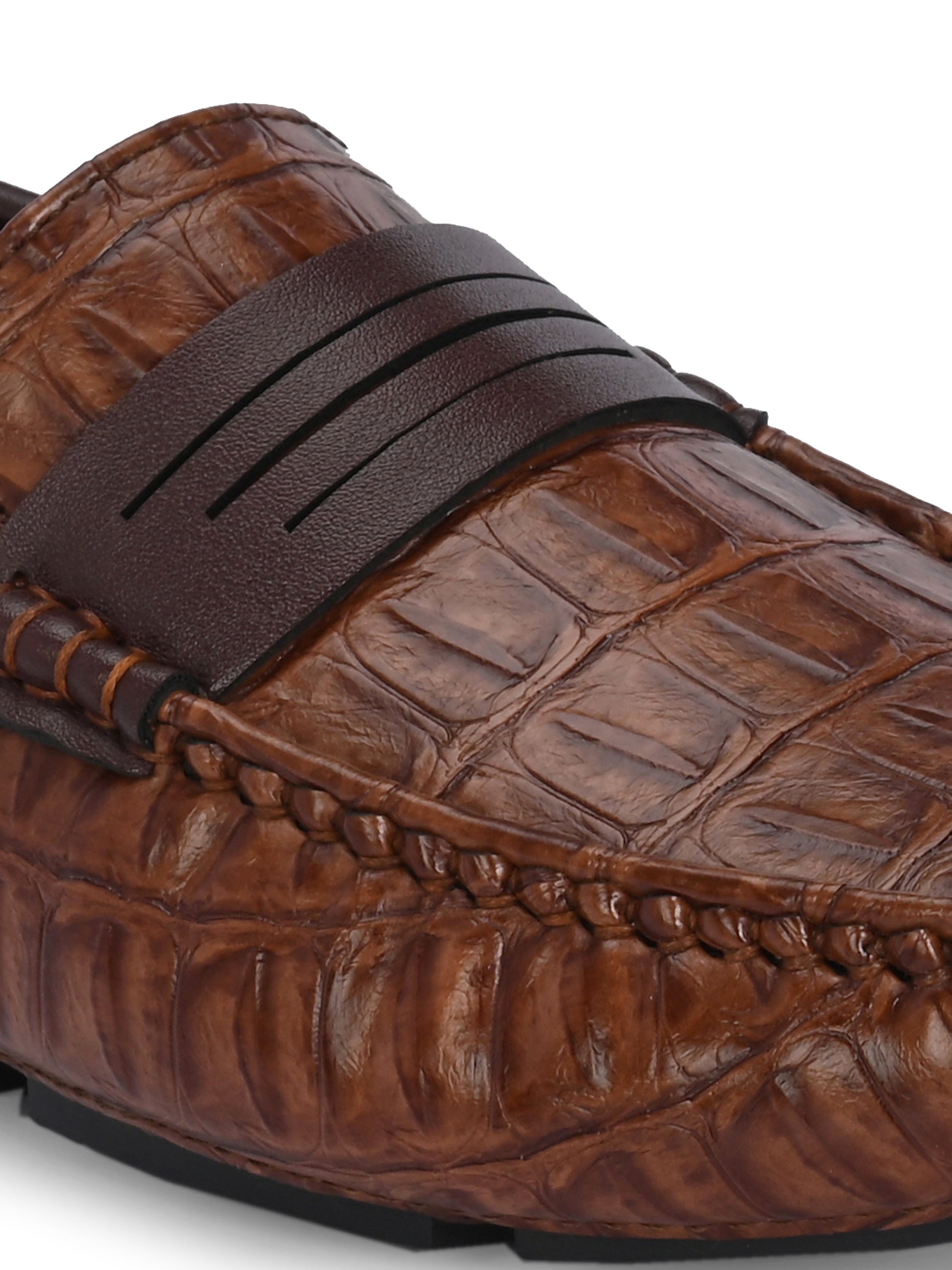 Brown Sleek Textured Platform Heel Slip-On Loafer Shoes
