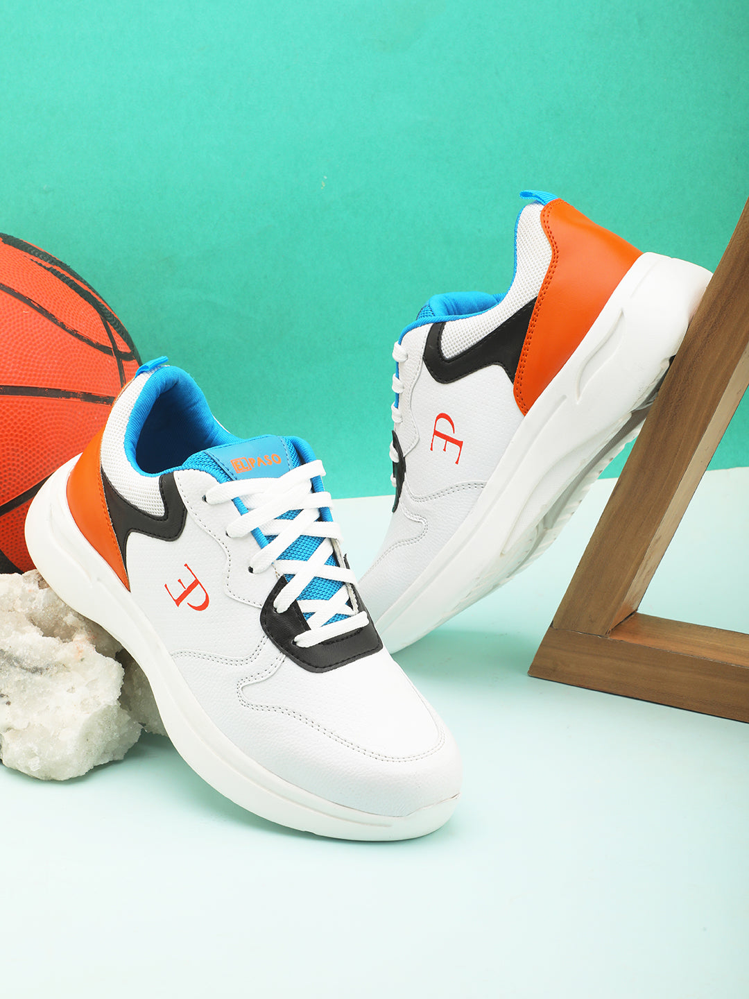 Orange, White & Black colour Men's lace-up casual shoes with white laces.