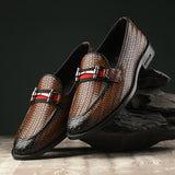 Brown Textured Block Heel Slip-On Loafer Shoes