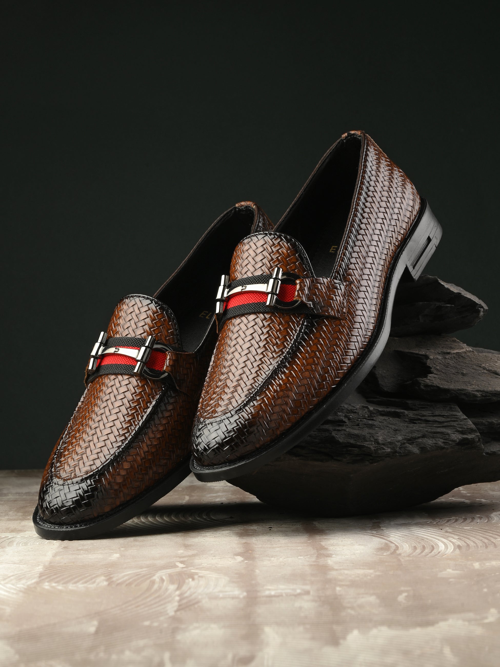Brown Textured Block Heel Slip-On Loafer Shoes
