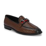 Brown Textured Block Heel Slip-On Loafer Shoes
