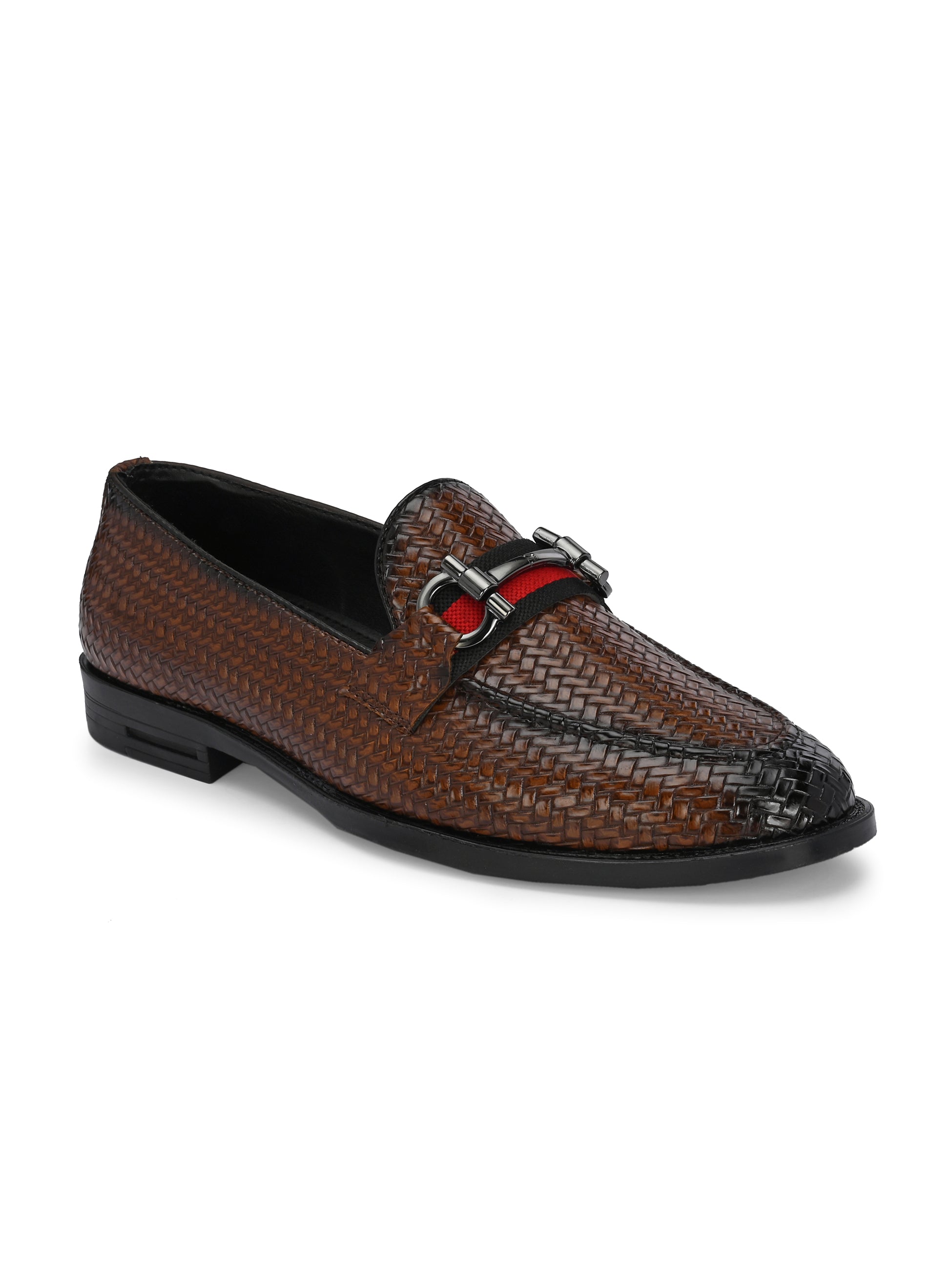 Brown Textured Block Heel Slip-On Loafer Shoes
