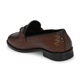 Brown Textured Block Heel Slip-On Loafer Shoes
