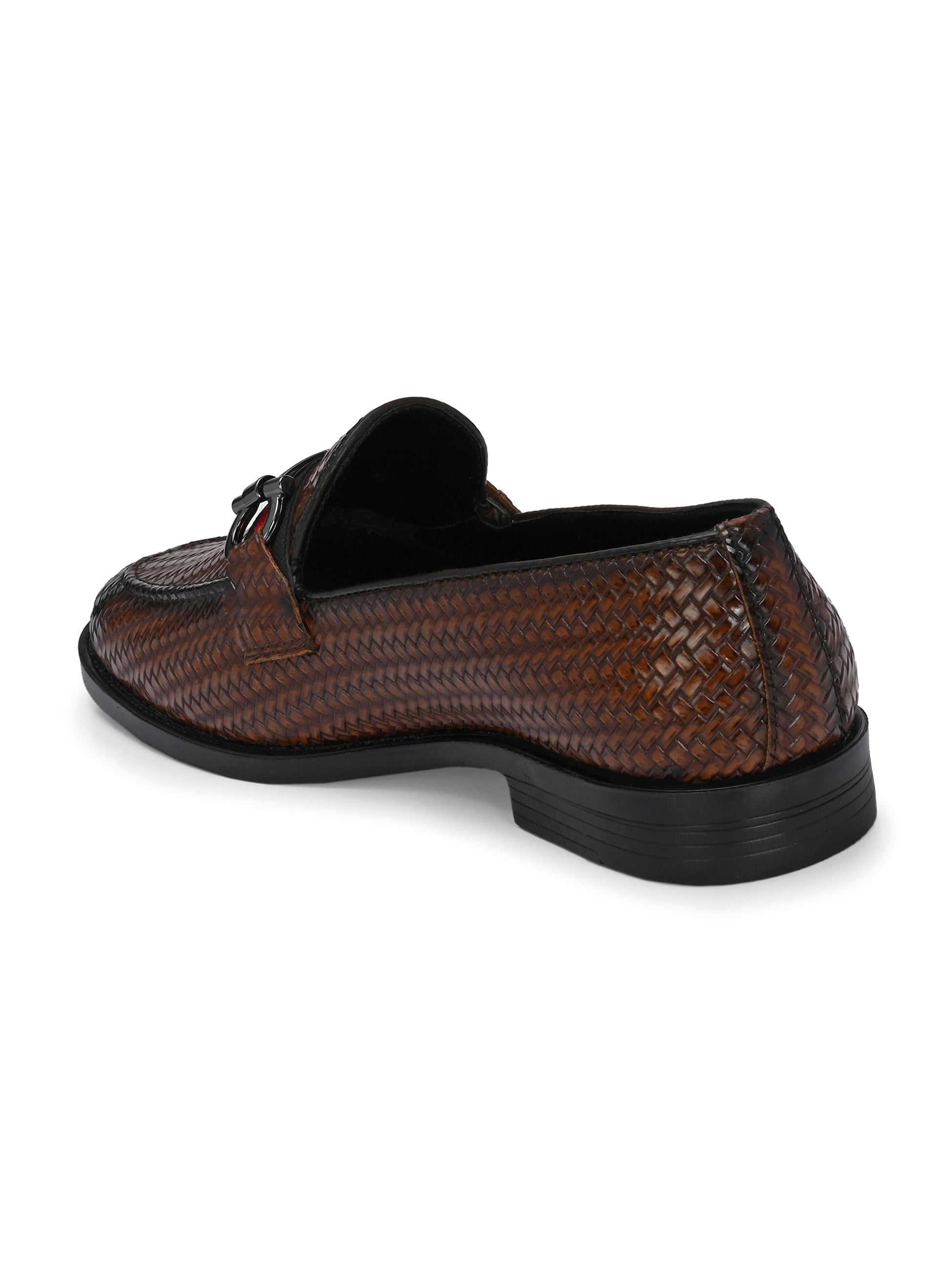 Brown Textured Block Heel Slip-On Loafer Shoes
