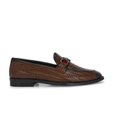Brown Textured Block Heel Slip-On Loafer Shoes