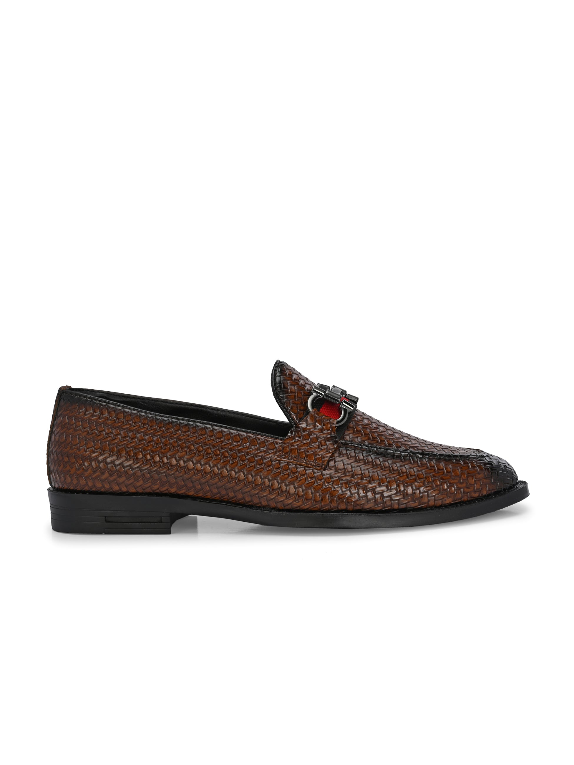 Brown Textured Block Heel Slip-On Loafer Shoes