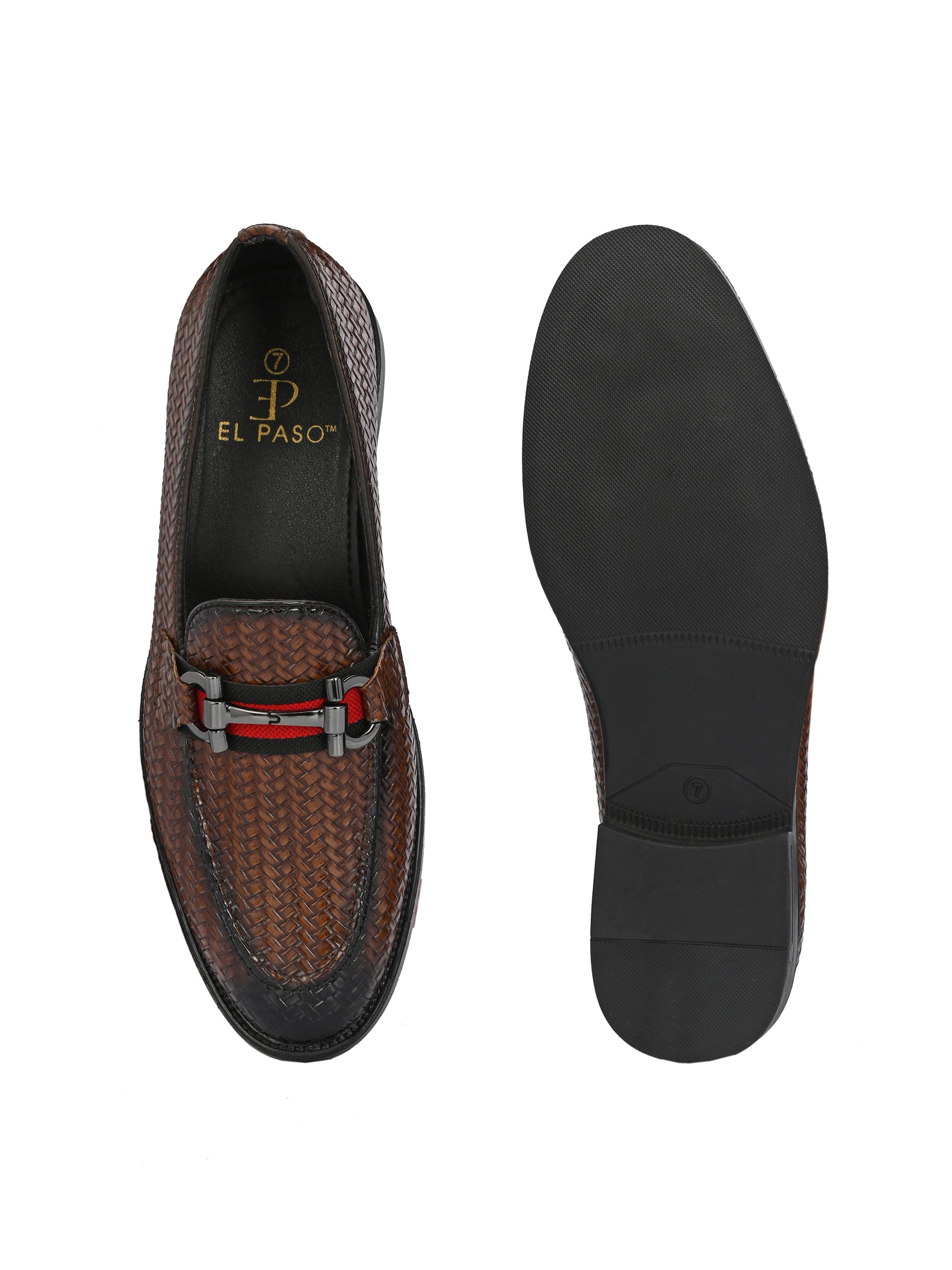 Brown Textured Block Heel Slip-On Loafer Shoes