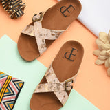 Beige Women's casual flat heel metallic strap sandal