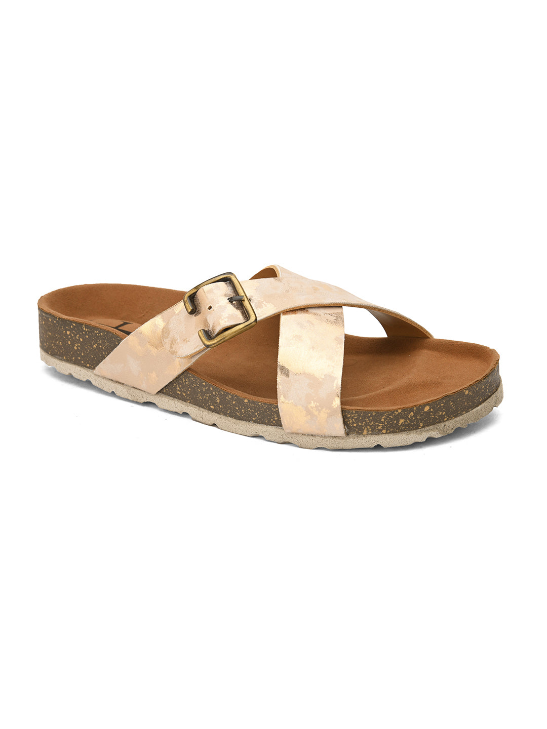 Beige Women's casual flat heel metallic strap sandal