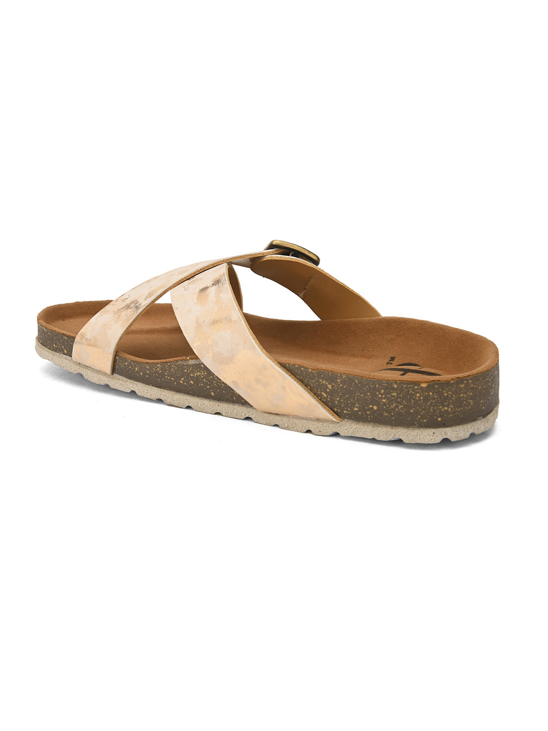 Beige Women's casual flat heel buckle metallic strap sandal