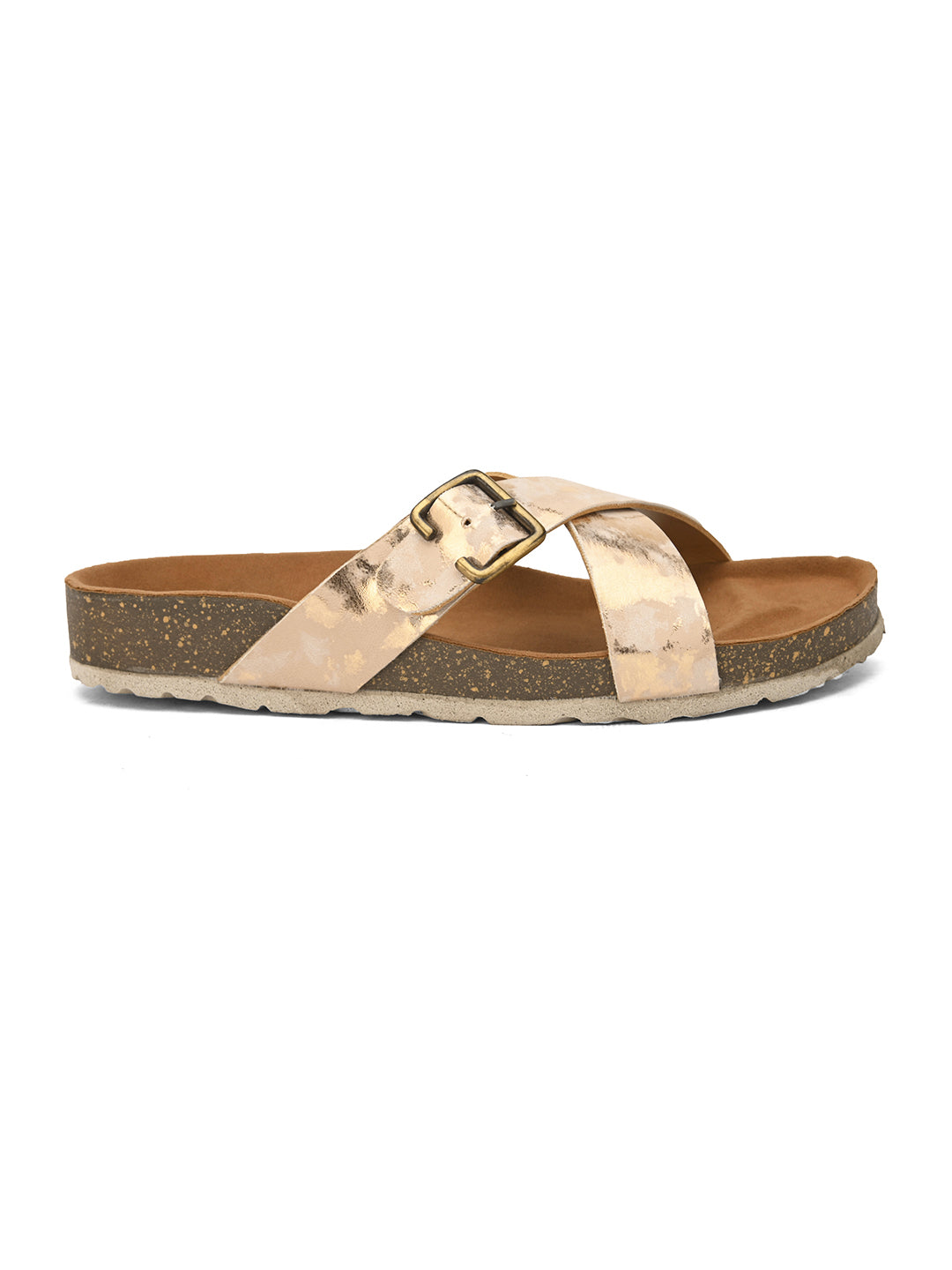 Beige Women's casual flat heel metallic strap sandal