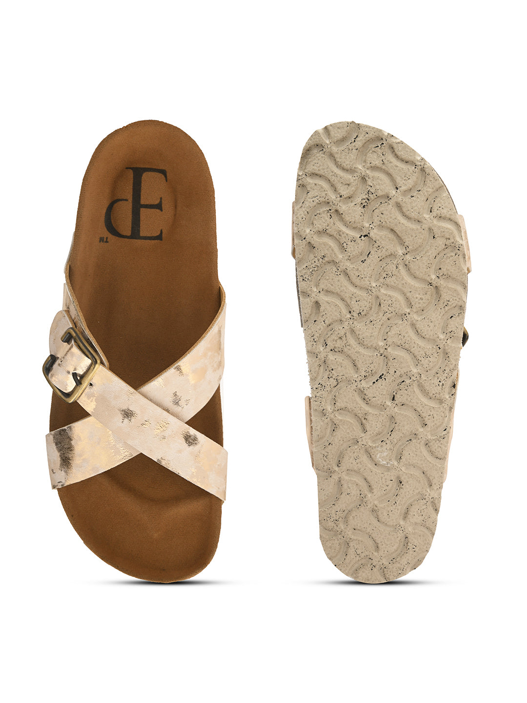 Beige Women's casual flat heel metallic strap sandal