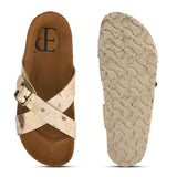 Beige Women's casual flat heel metallic strap sandal