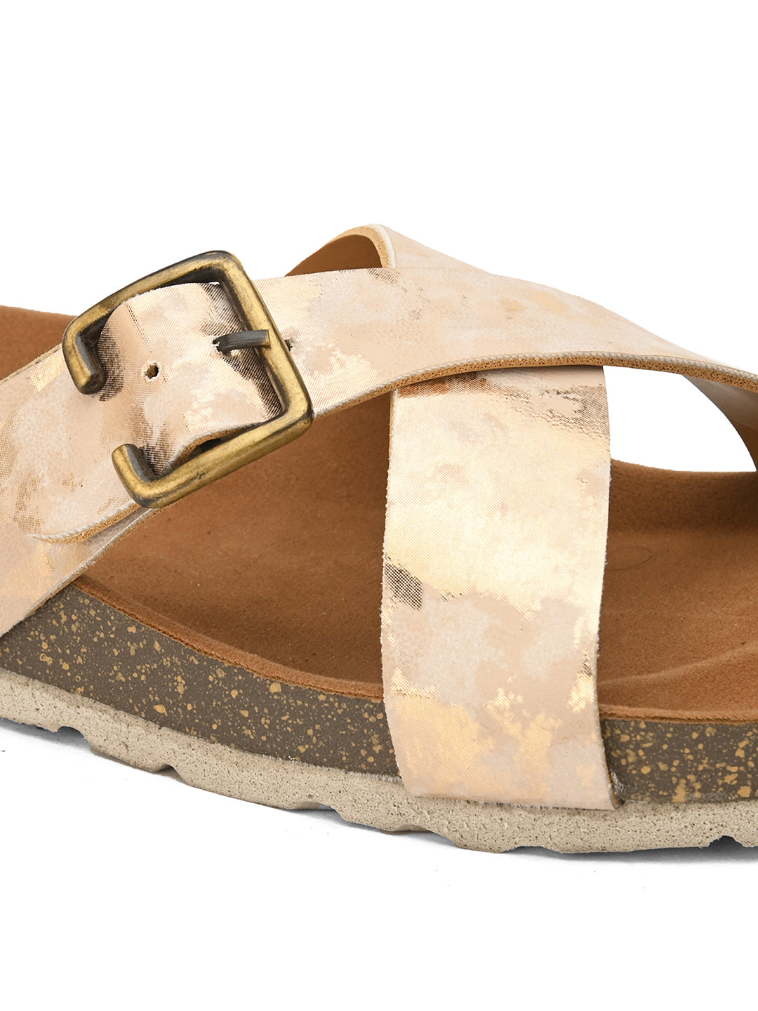 Beige Women's casual flat heel metallic strap sandal