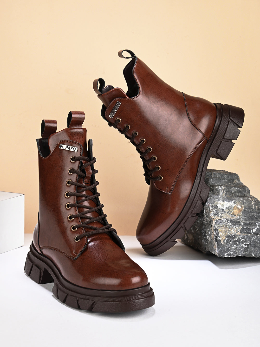 Brown Leather Lace-Up Boots For Women