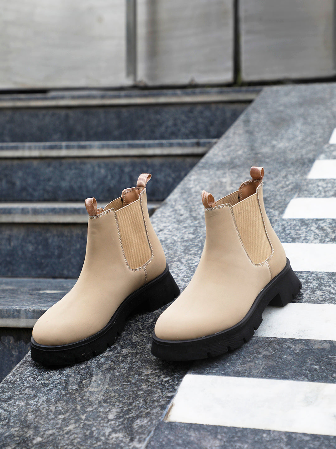 Cream Chelsea Slip-On Boots For Women