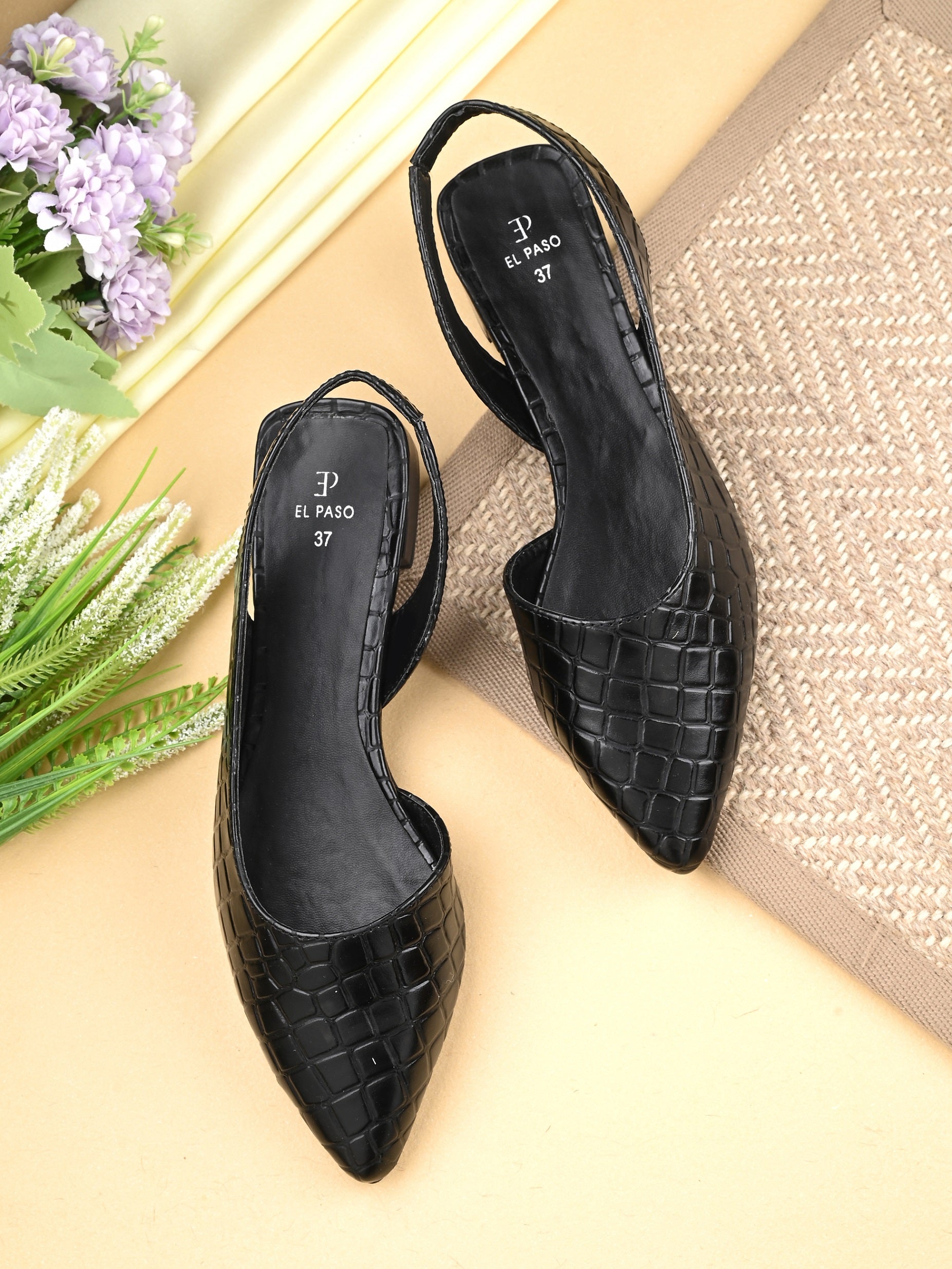 Black Textured Block Heel For Women