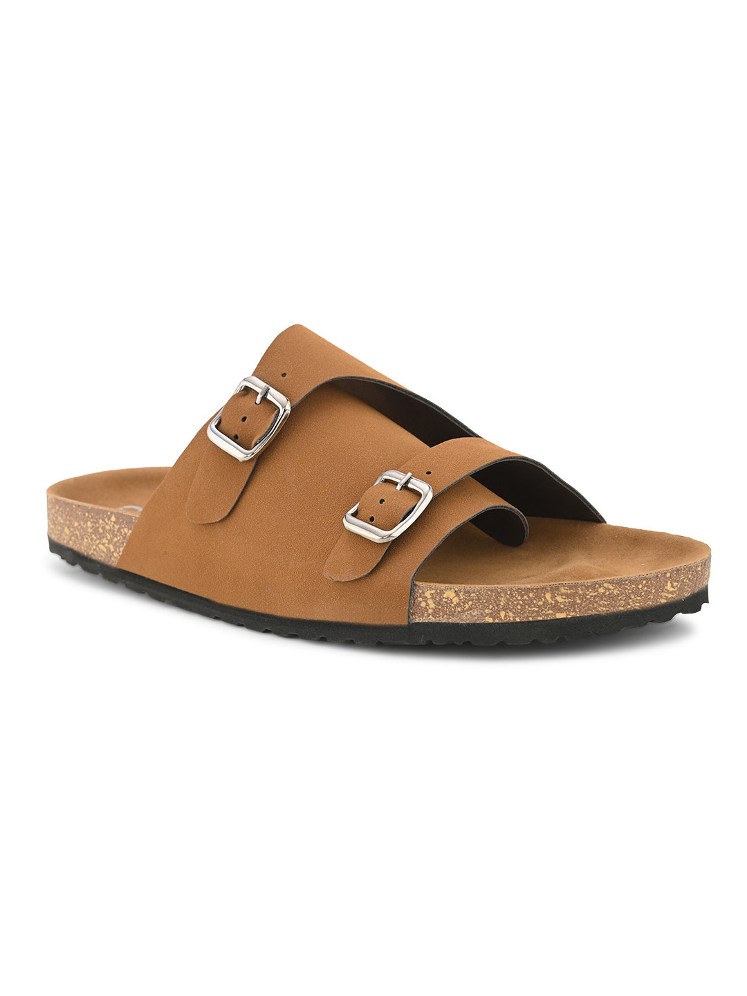 Men's casual Tan sandals with slip-on style and buckle strap
