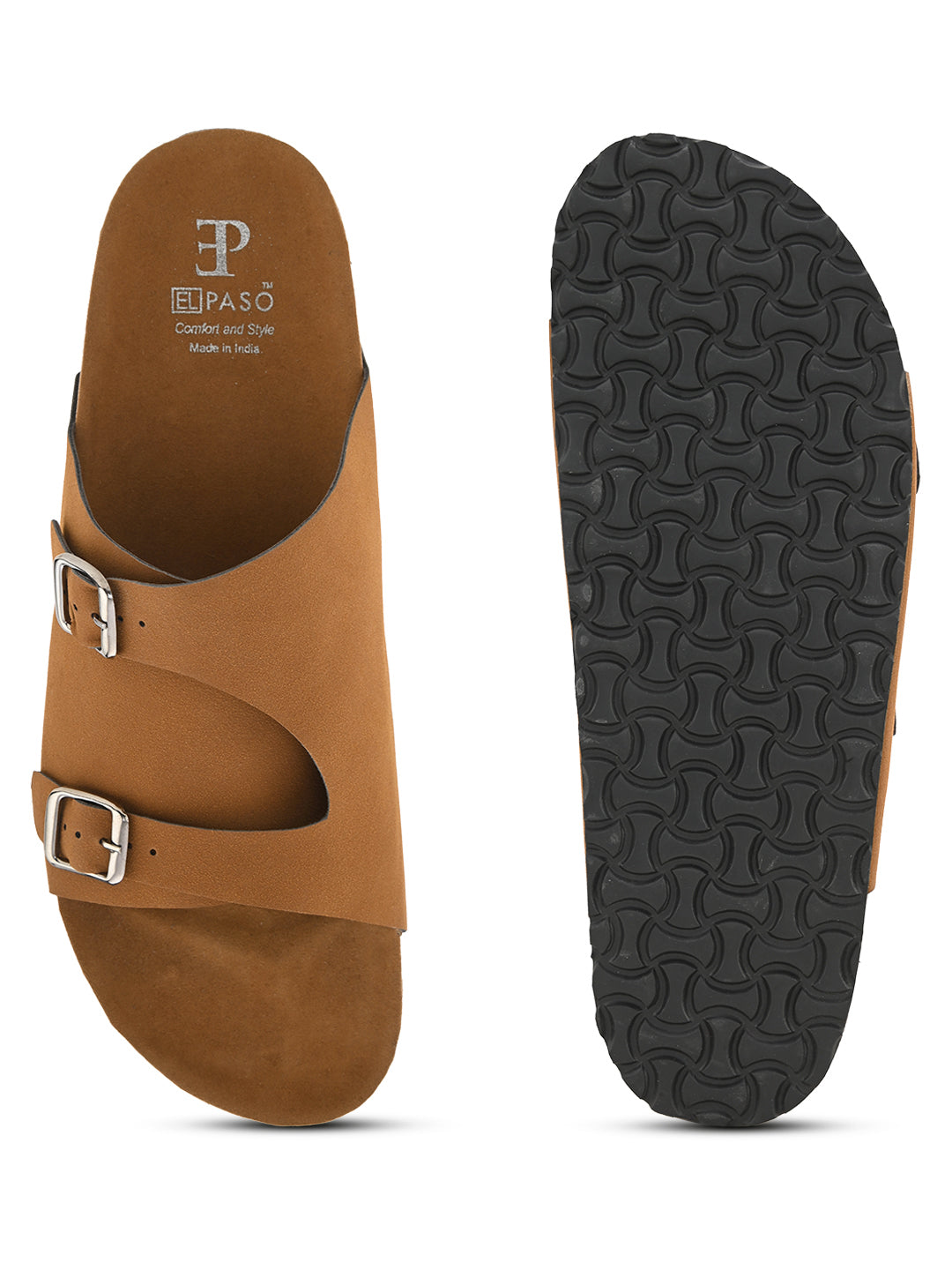 Men's casual Tan sandals with slip-on style and buckle strap