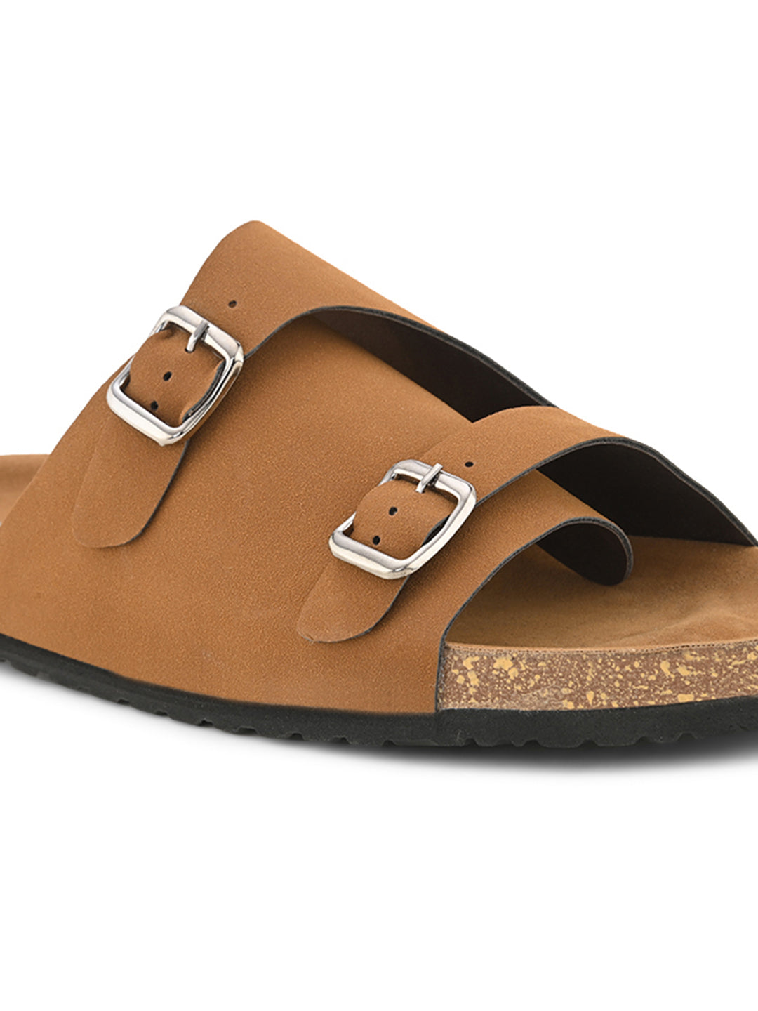 Men's casual Tan sandals with slip-on style and buckle strap