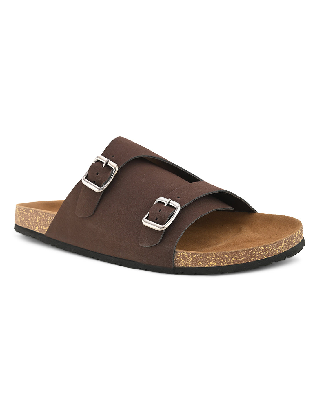 Men's casual Brown sandals with slip-on style and buckle strap