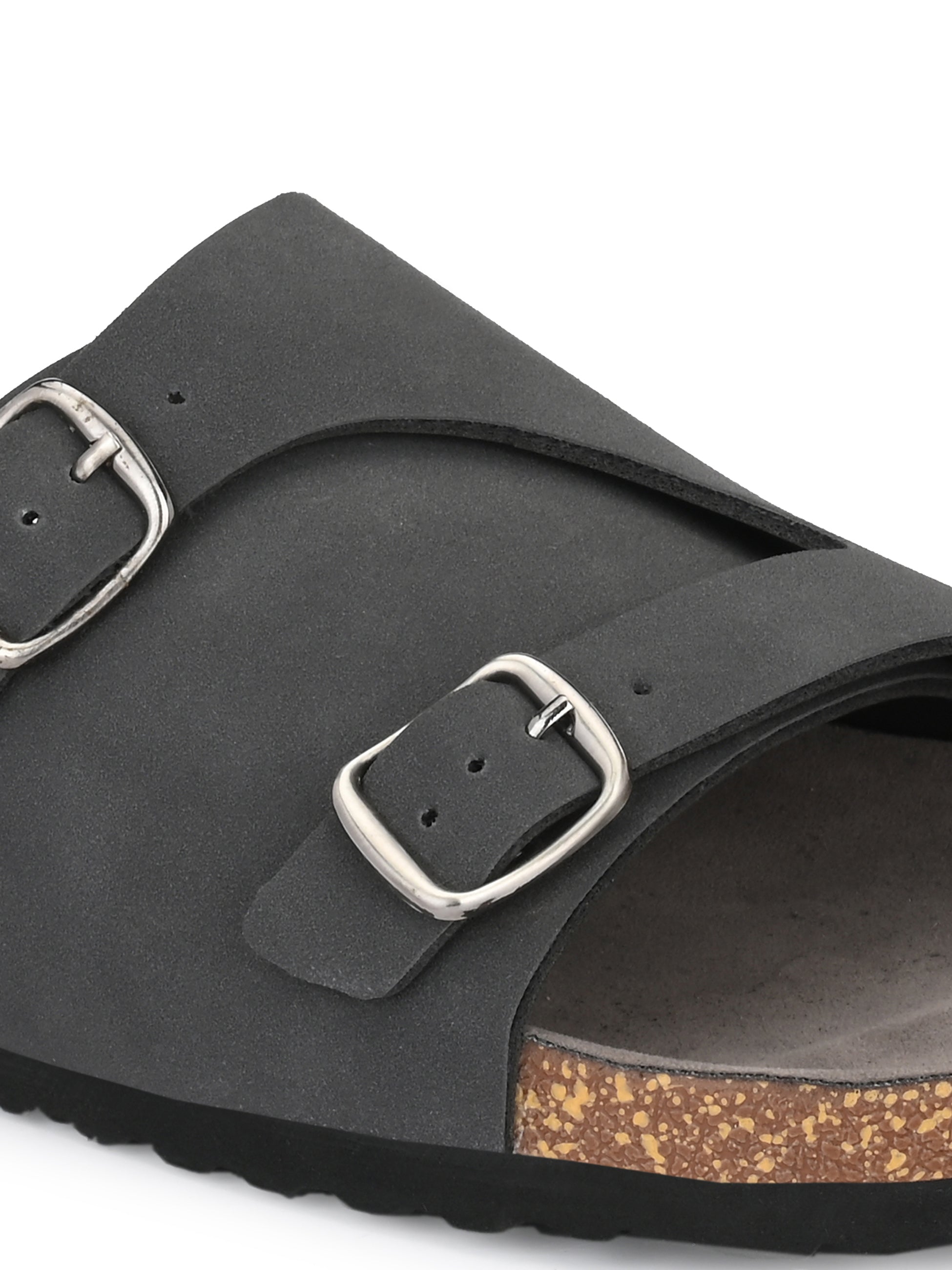 Men's casual Black sandals with slip-on style and buckle strap