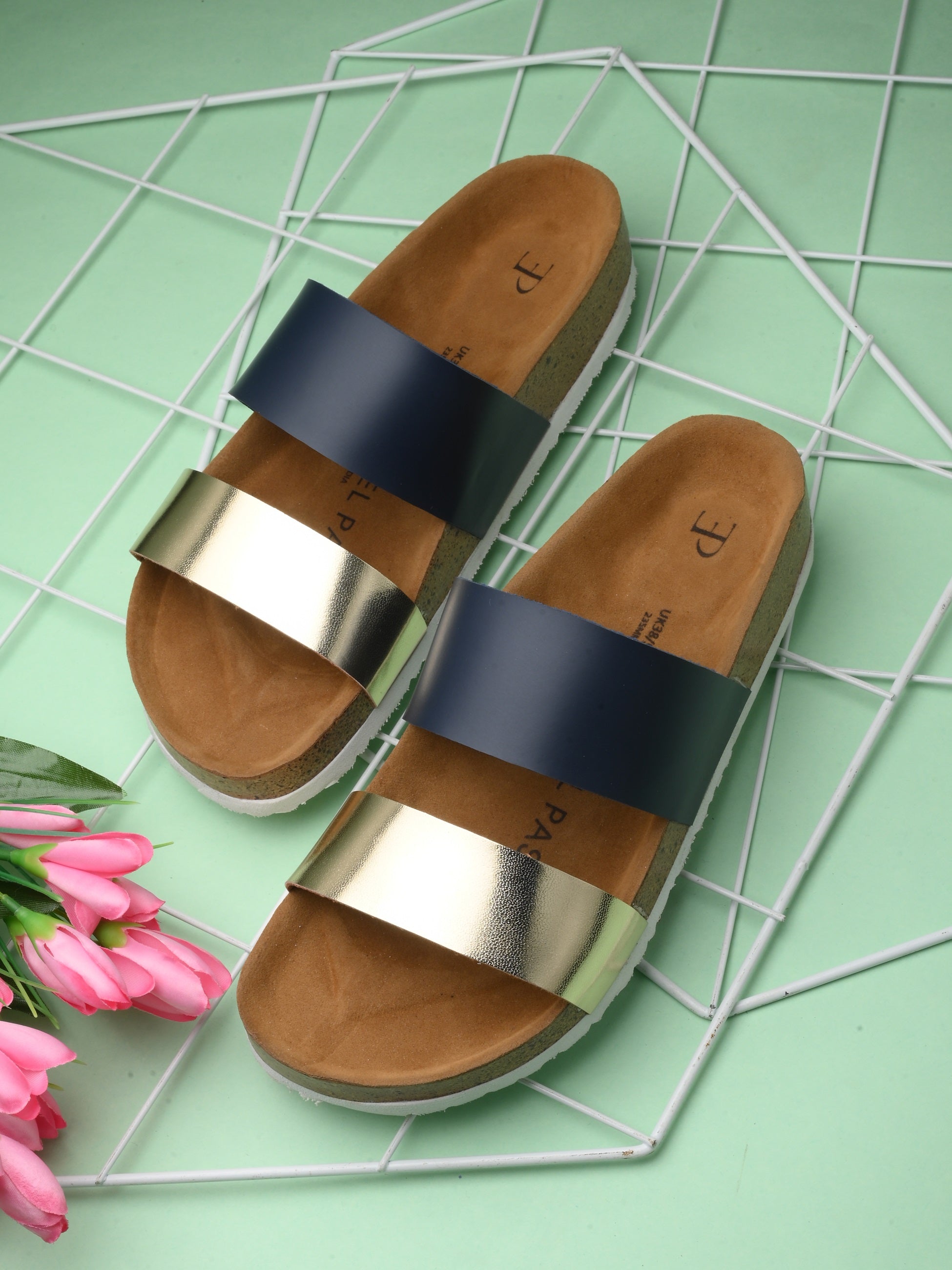 Women's casual flat heel metallic strap slip-on sandal