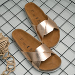 Women's casual flat heel metallic cris cross slip-on sandal