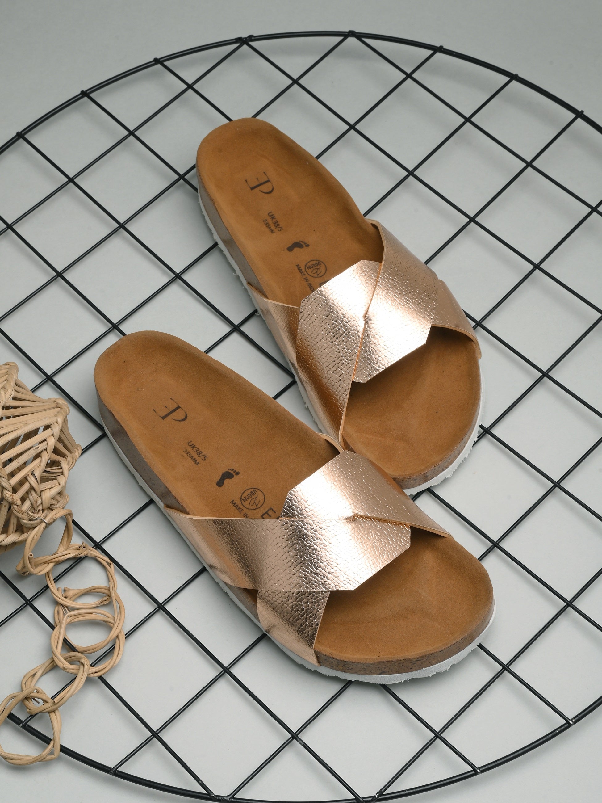 Women's casual flat heel metallic cris cross slip-on sandal
