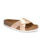 Women's casual flat heel metallic cris cross slip-on sandal