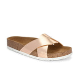Women's casual flat heel metallic cris cross slip-on sandal