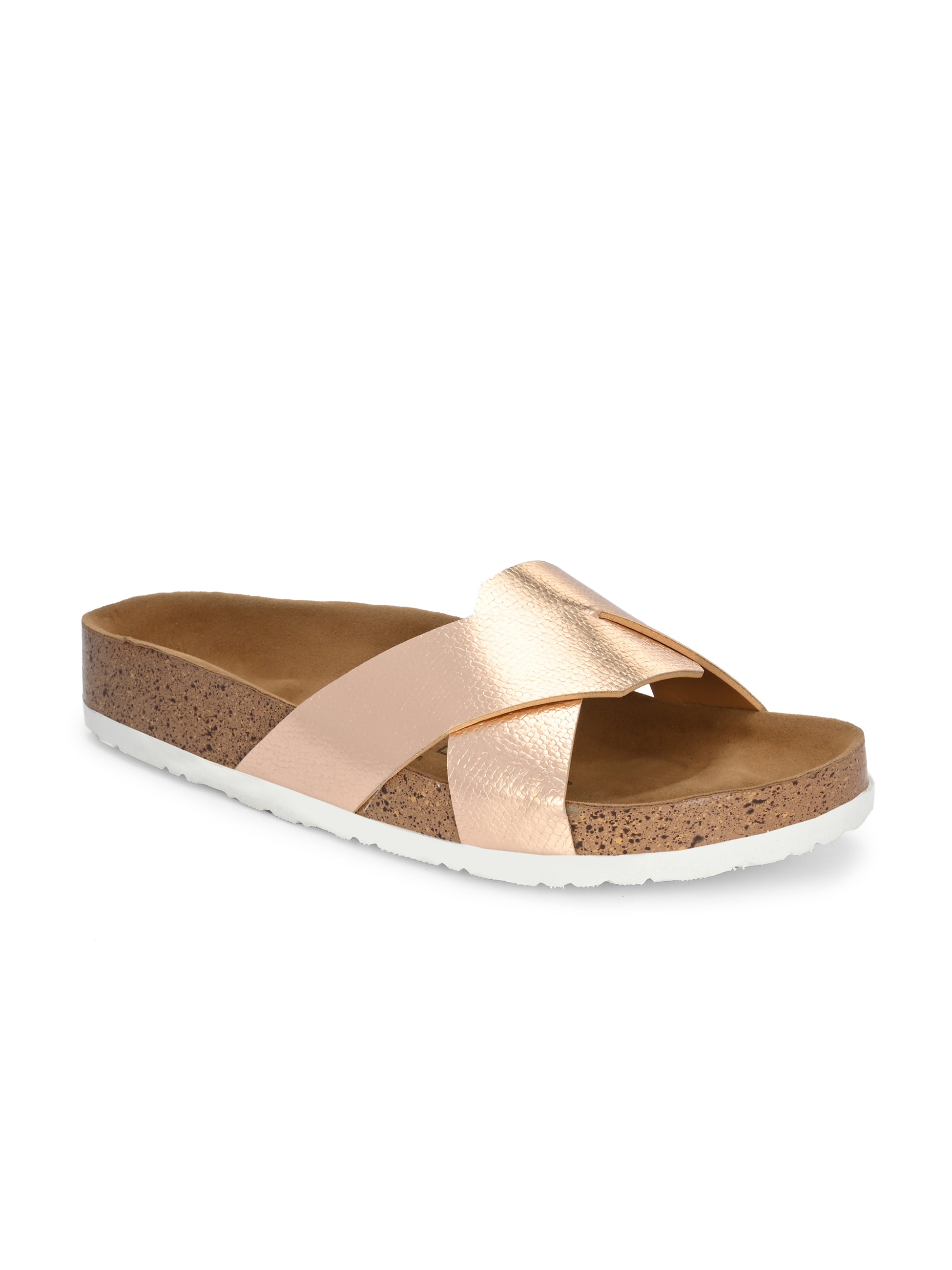 Women's casual flat heel metallic cris cross slip-on sandal